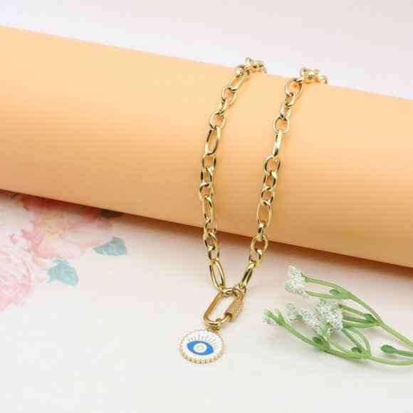 Chunky Gold Link Necklace with Eye Charm – Bold Yellow Jewelry, XPNL0368 - Picture 2 of 13